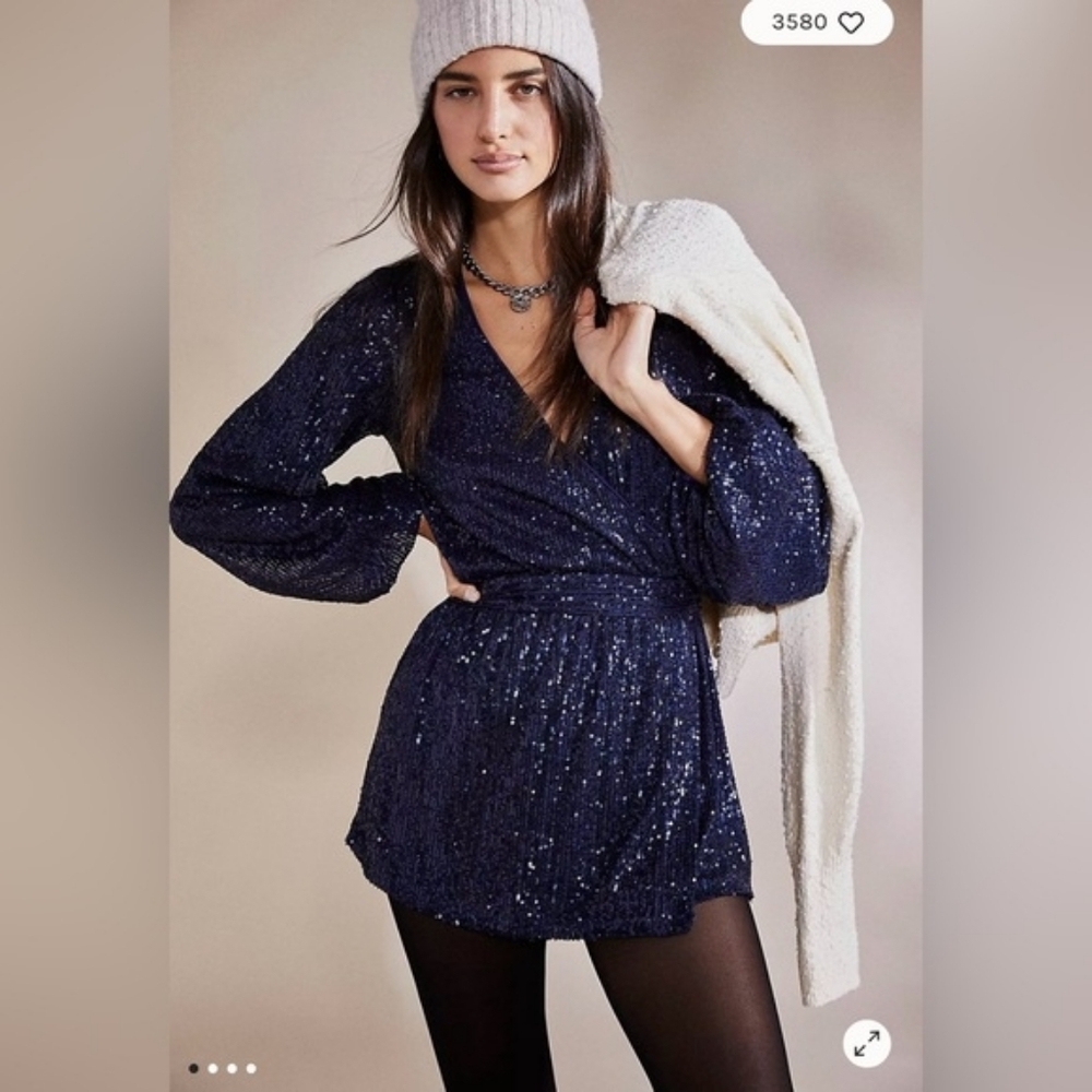 NWOT Free People Christa Sequin Navy Long Sleeve Romper Party